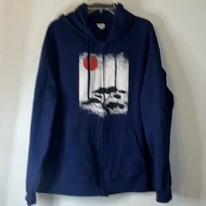 Japanese Bonsai Tree Graphic Hoodie Full Zip Kangaroo Pocket 3X Blue